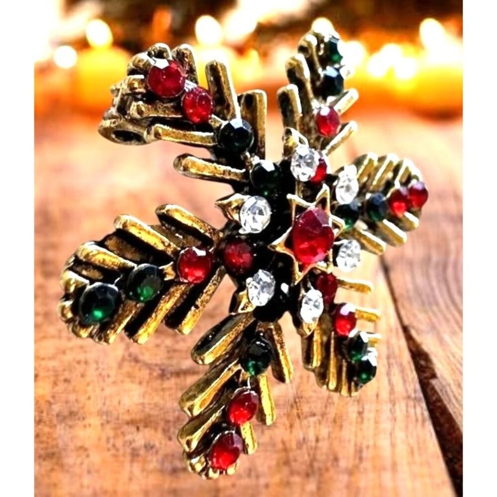 Christmas Snowflake Brooch Pin Star Red Green Crystal Accents Festive Wi… - Picture 3 of 12